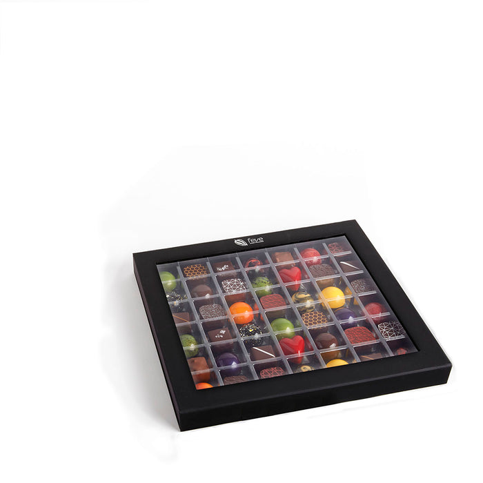 Beautiful 42 piece box of dark chocolate truffles and milk chocolate truffles featuring natural ingredients and sustainable chocolate