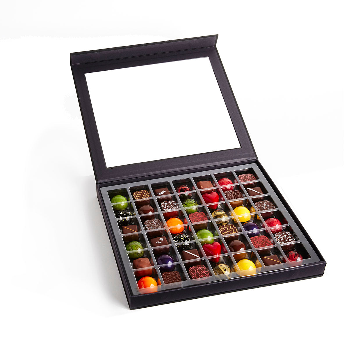 Beautiful 42 piece box of dark chocolate truffles and milk chocolate truffles featuring natural ingredients and sustainable chocolate