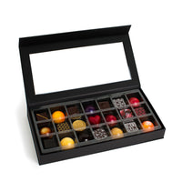Beautiful 21 piece box of dark chocolate truffles and milk chocolate truffles featuring natural ingredients and sustainable chocolate